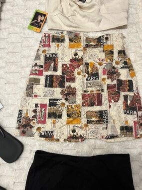 Urban Outfitters Cream A-Line Mini Skirt with Multicolor Postcard & Daisy Print